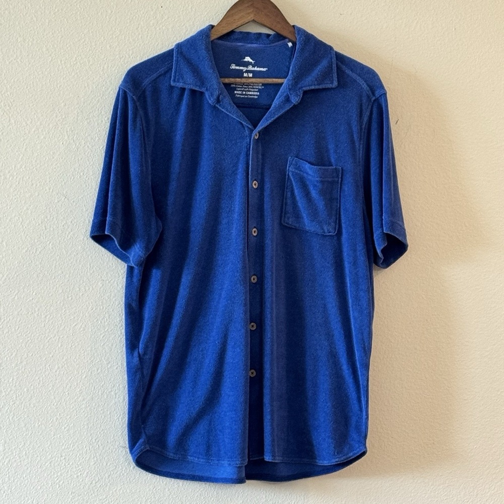 Tommy Bahama Poolside Camp Shirt Medium Blue Terry Pima Cotton Resort Lounge